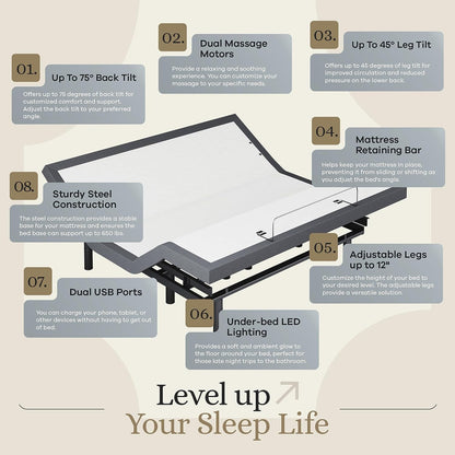 Classic Adjustable Bed Base, Head and Foot Lift, Massage, Under-Bed Lights, USB, Gel Memory, Zero Gravity Smart Frame - King + 14 Inch Hybrid Spring Matt (Medium Soft)